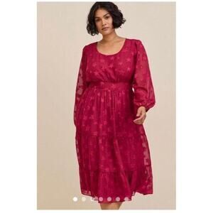 Torrid 2X Midi Clip Dot Chiffon Tiered Dress Beaujolais Burgundy plus size NWT